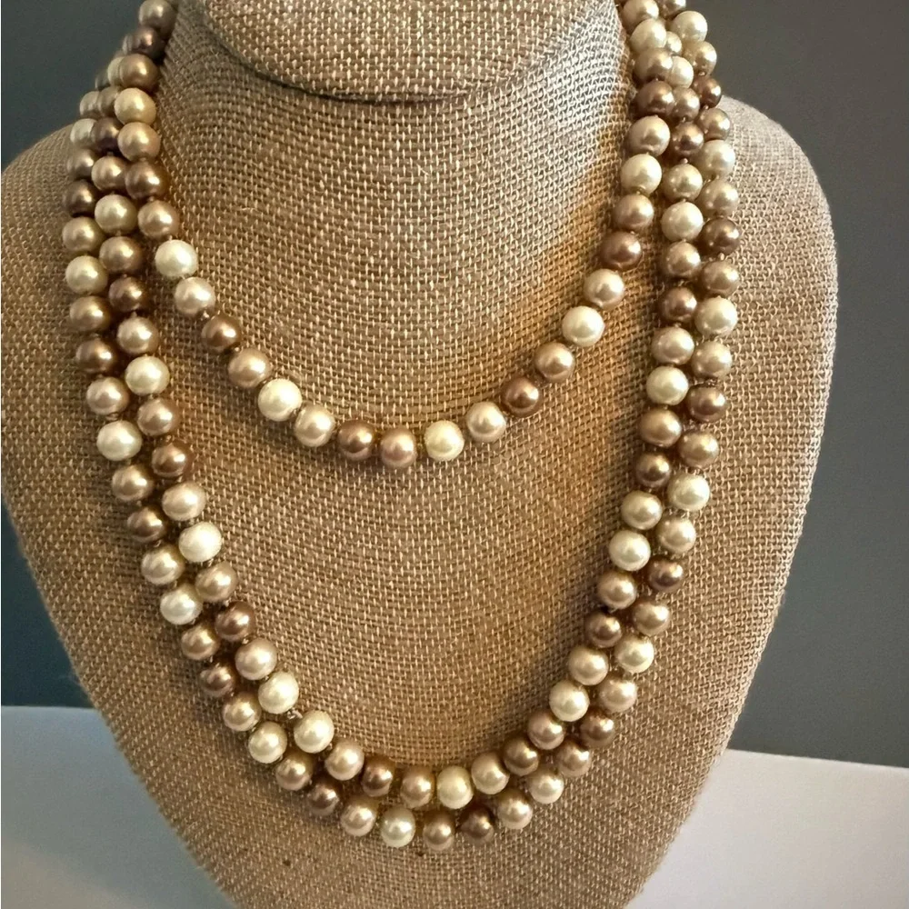 Elegant Vintage Faux 7mm Pearl Necklace Set in White/Brown 60 Inches VERSATILE 🔥